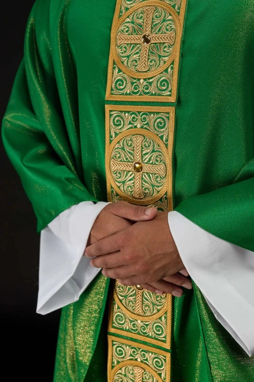 Green Chasuble with rich embroidery with decorative stones — back view