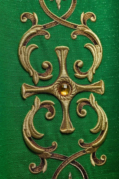 Green Chasuble with rich embroidery with decorative stones — back view