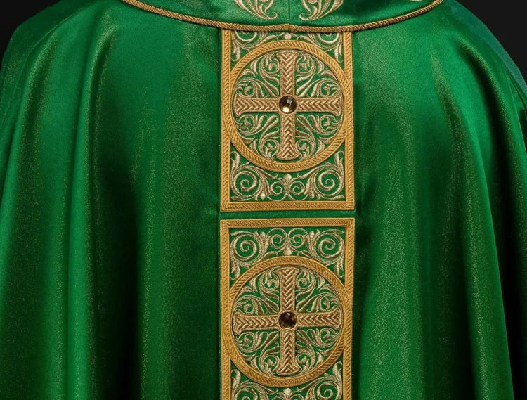 Green Chasuble with rich embroidery with decorative stones — side view