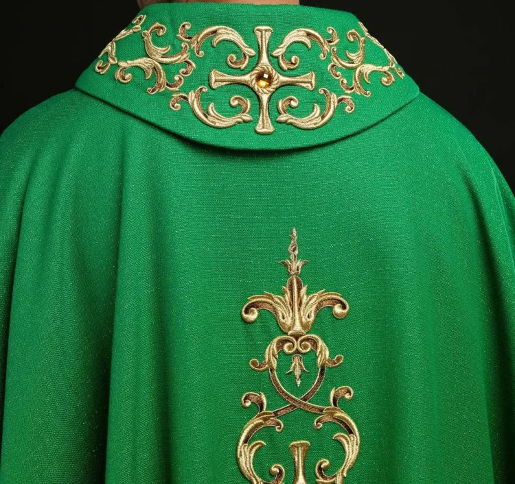 Green Chasuble with rich embroidery with decorative stones — side view