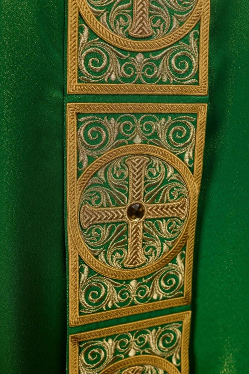Green Chasuble with rich embroidery with decorative stones — collar detail