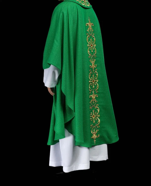 Green Chasuble with rich embroidery with decorative stones — collar detail