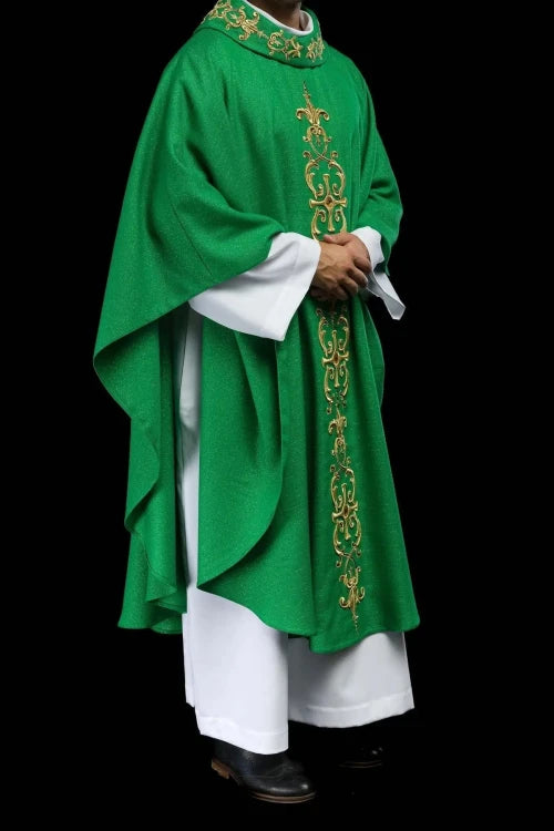 Green Chasuble with rich embroidery with decorative stones — fabric detail