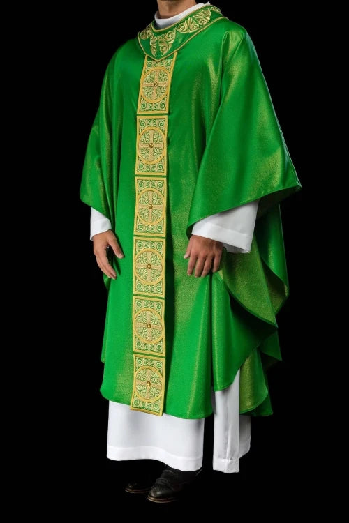 Green Chasuble with rich embroidery with decorative stones — vestment detail