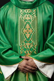 Green Chasuble with rich shimmering embroidery — front view
