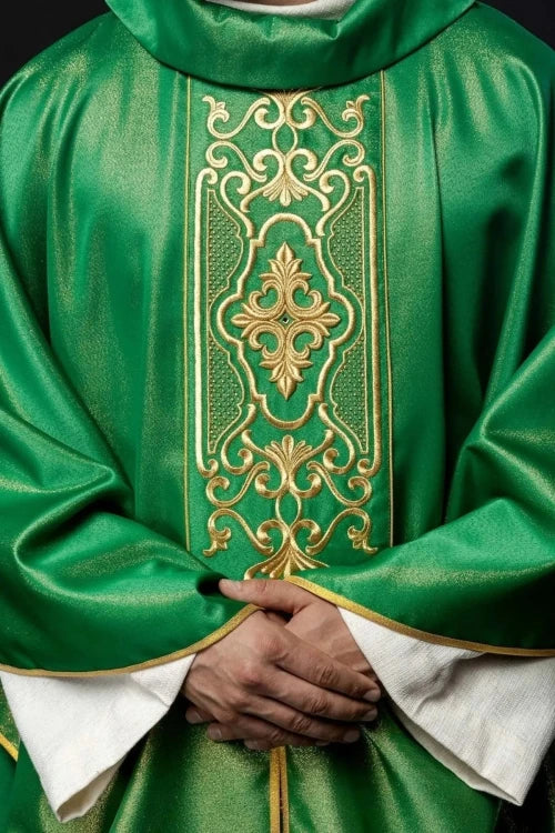 Green Chasuble with rich shimmering embroidery — front view