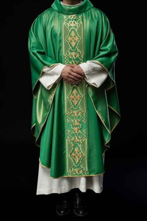 Green Chasuble with rich shimmering embroidery — full view