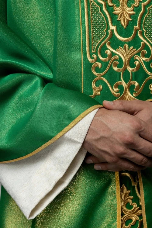 Green Chasuble with rich shimmering embroidery — back view