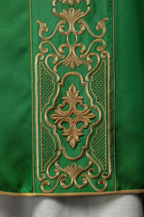 Green Chasuble with rich shimmering embroidery — close-up detail