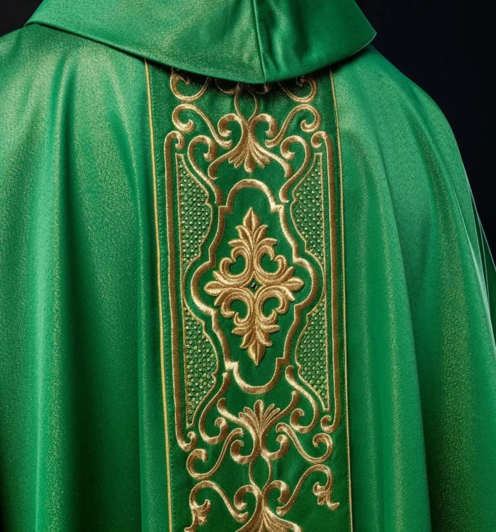 Green Chasuble with rich shimmering embroidery — side view