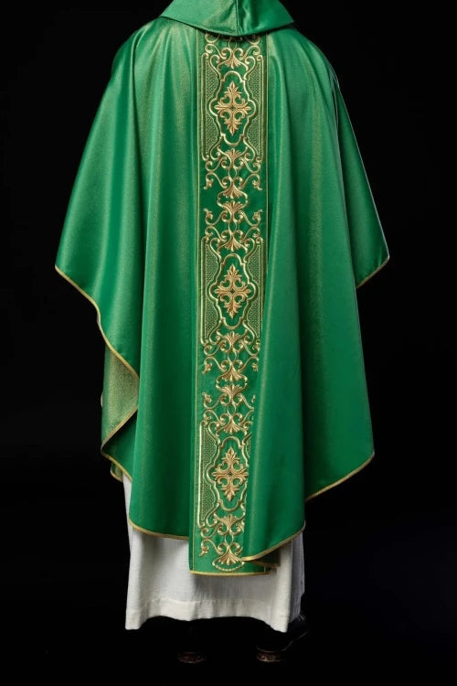 Green Chasuble with rich shimmering embroidery — collar detail