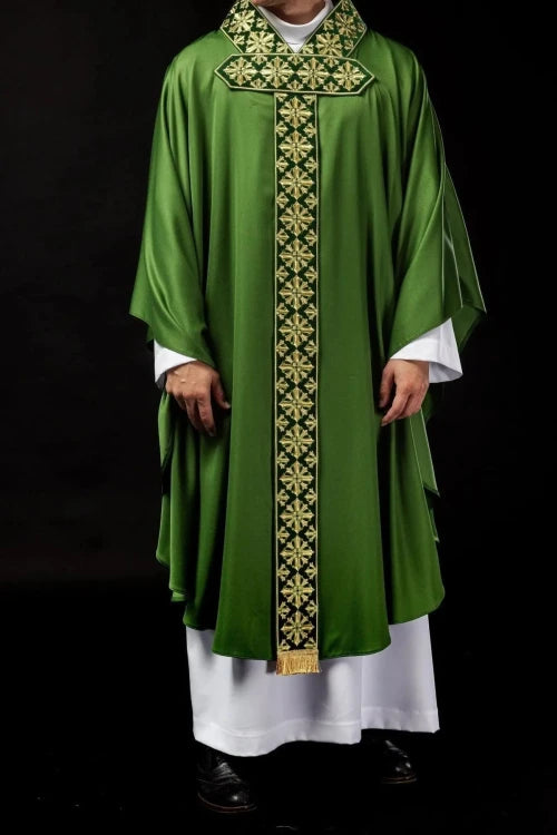 Green Chasuble with shimmering green embroidery — full view