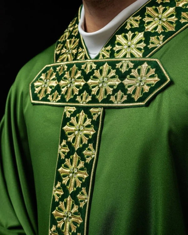 Green Chasuble with shimmering green embroidery — back view