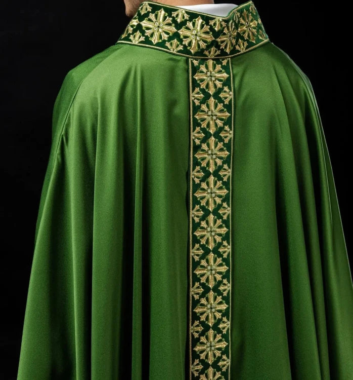 Green Chasuble with shimmering green embroidery — close-up detail