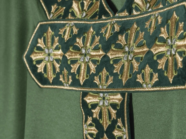 Green Chasuble with shimmering green embroidery — vestment detail