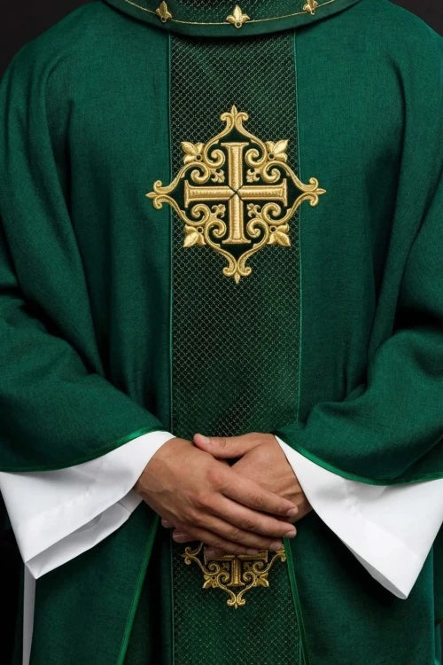 Green Chasuble with velvet band with embroidered cross — front view