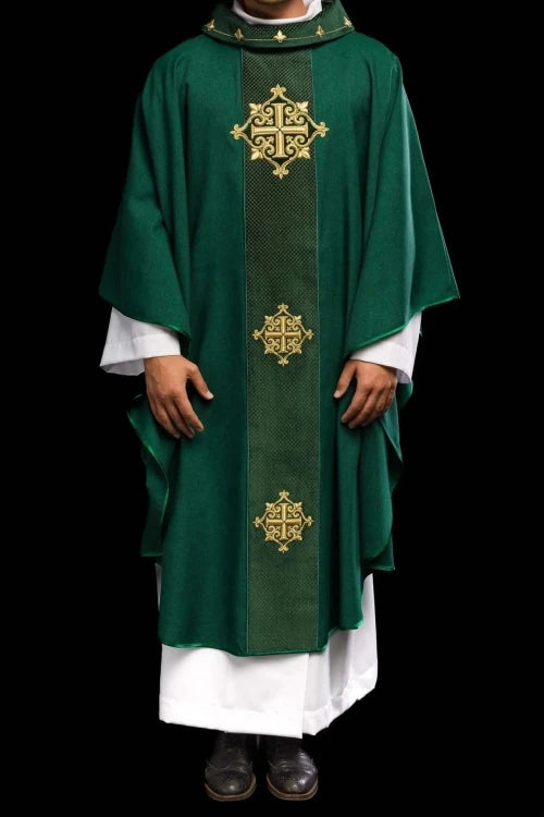 Green Chasuble with velvet band with embroidered cross — full view
