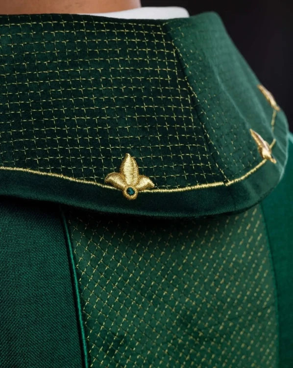 Green Chasuble with velvet band with embroidered cross — close-up detail
