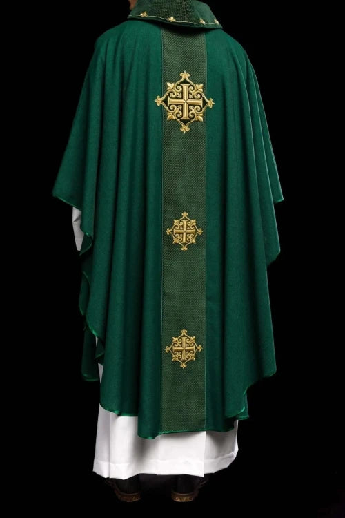 Green Chasuble with velvet band with embroidered cross — side view
