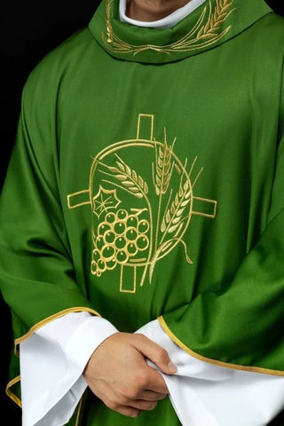 Green Chasuble with wheat and cross embroidery – Variant II — front view