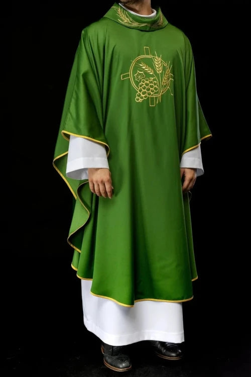Green Chasuble with wheat and cross embroidery – Variant II — full view