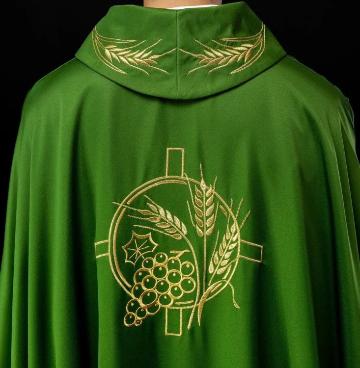 Green Chasuble with wheat and cross embroidery – Variant II — collar detail