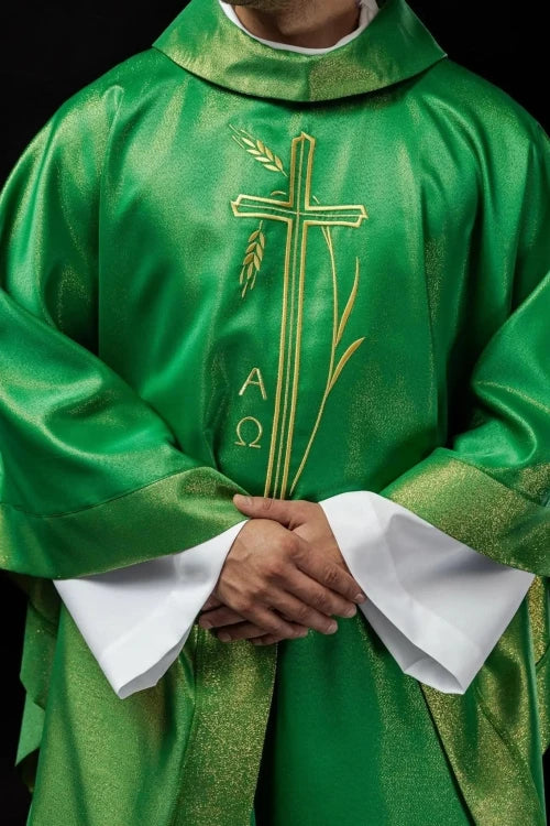 Green Chasuble with wheat ears and cross embroidery — front view