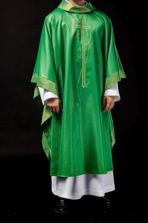 Green Chasuble with wheat ears and cross embroidery — full view