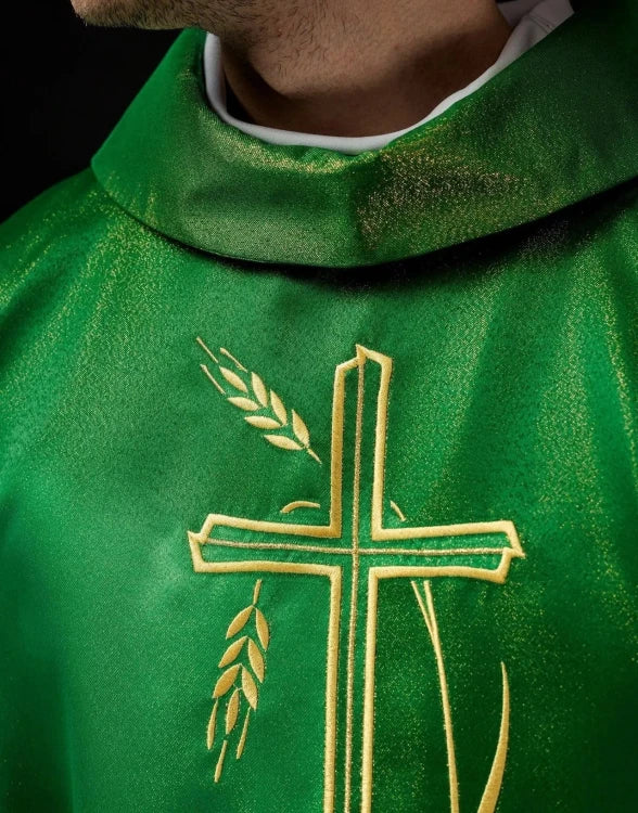 Green Chasuble with wheat ears and cross embroidery — back view