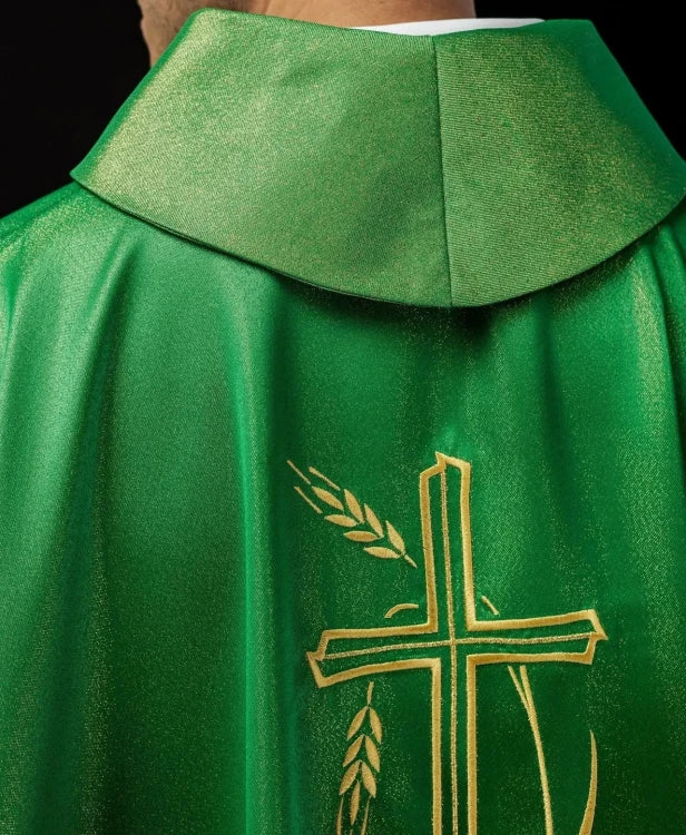 Green Chasuble with wheat ears and cross embroidery — side view