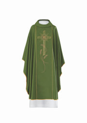 Green Chasuble with wide gold-coloured embroidered band with IHS — front view