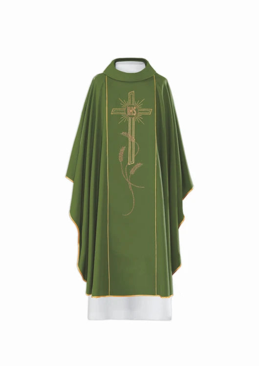 Green Chasuble with wide gold-coloured embroidered band with IHS — front view