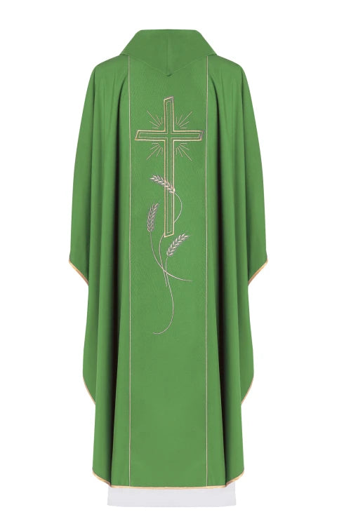 Green Chasuble with wide gold-coloured embroidered band with IHS — full view