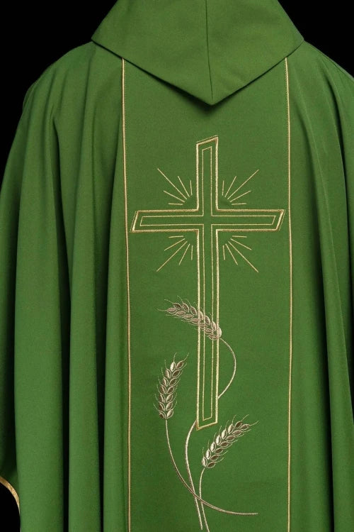 Green Chasuble with wide gold-coloured embroidered band with IHS — side view