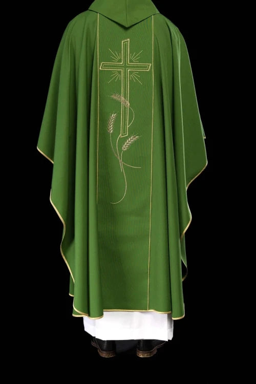 Green Chasuble with wide gold-coloured embroidered band with IHS — collar detail