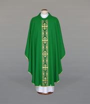 Green Chasuble with woven band on lightweight fabric — front view