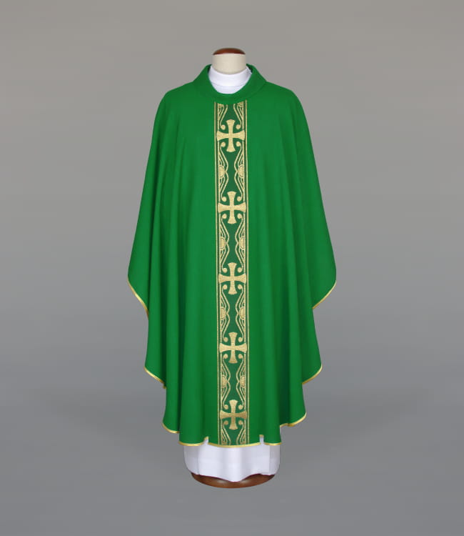 Green Chasuble with woven band on lightweight fabric — front view