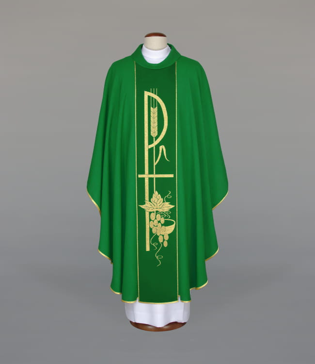 Green Chasuble with woven band on lightweight fabric – Variant III — front view