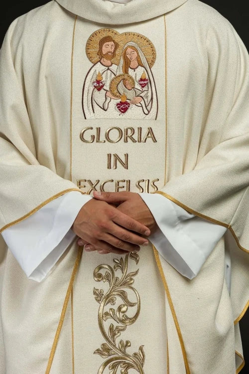 Ecru Chasuble with embroidered Holy Family image for Christmas — front view