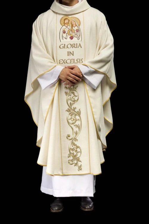 Ecru Chasuble with embroidered Holy Family image for Christmas — full view
