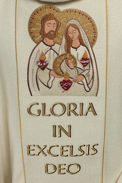Ecru Chasuble with embroidered Holy Family image for Christmas — decoration detail