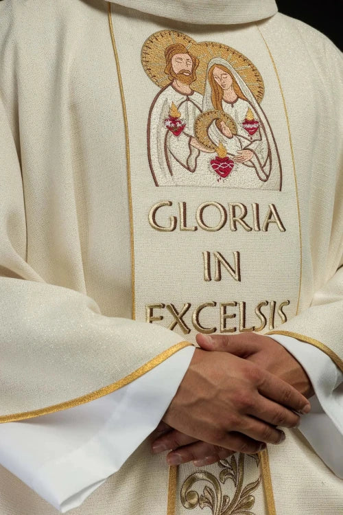 Ecru Chasuble with embroidered Holy Family image for Christmas — back view