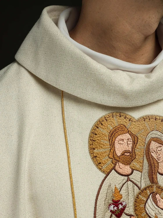 Ecru Chasuble with embroidered Holy Family image for Christmas — close-up detail