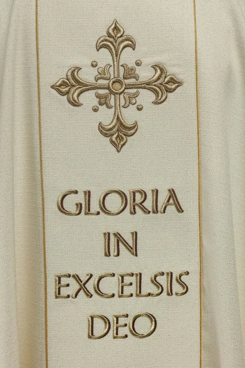 Ecru Chasuble with embroidered Holy Family image for Christmas — collar detail