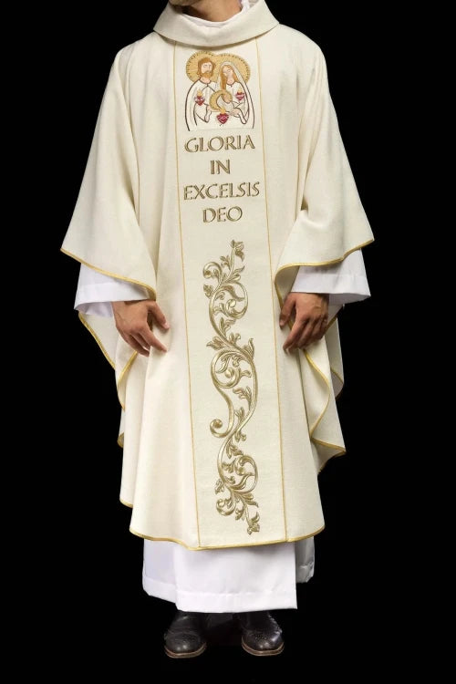 Ecru Chasuble with embroidered Holy Family image for Christmas — vestment detail
