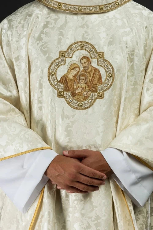 Ecru Chasuble with embroidered Holy Family image for Christmas – Variant II — front view