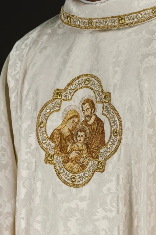 Ecru Chasuble with embroidered Holy Family image for Christmas – Variant II — full view