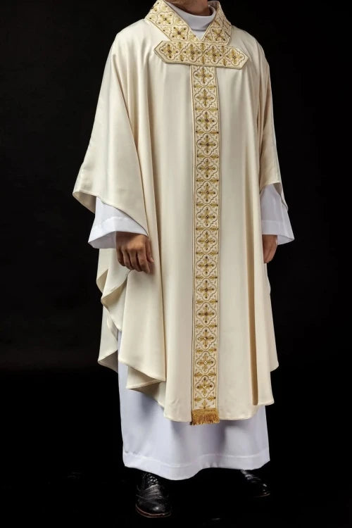 Ecru Chasuble with embroidered hanging band with 500 stones — front view
