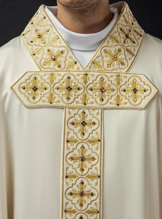 Ecru Chasuble with embroidered hanging band with 500 stones — full view