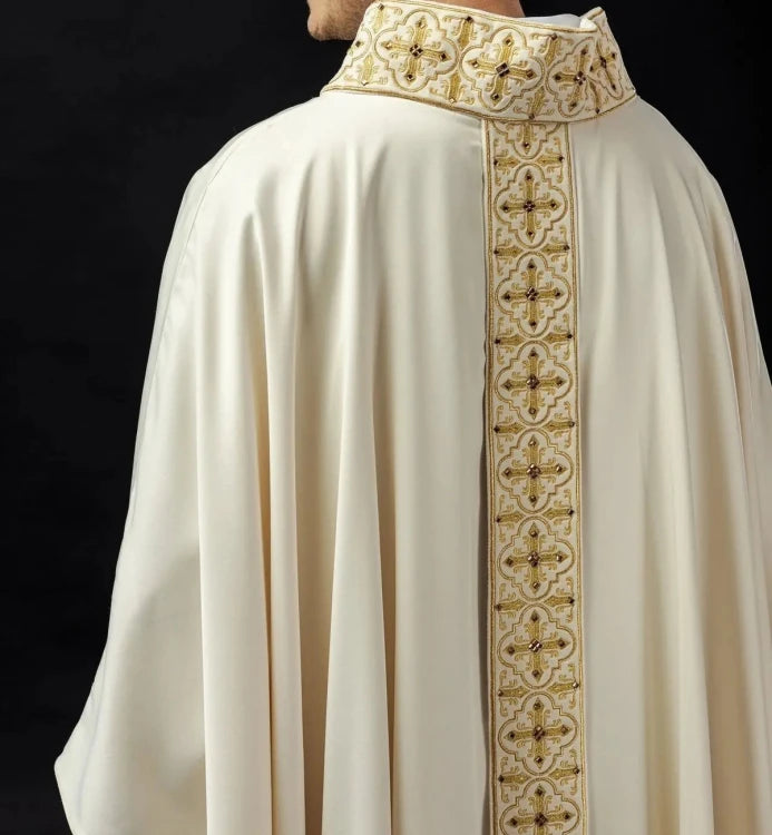 Ecru Chasuble with embroidered hanging band with 500 stones — back view